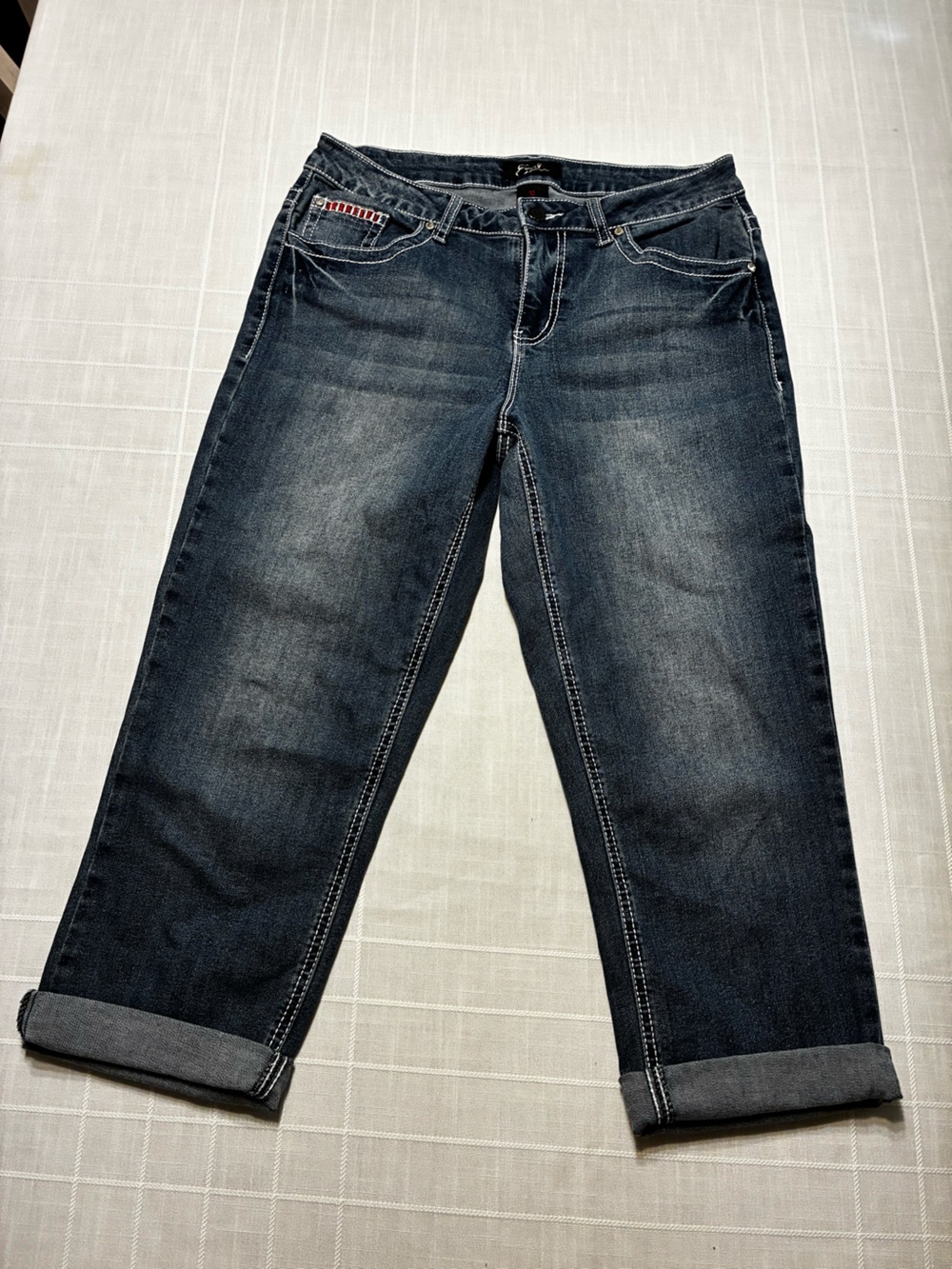 Earl Jeans Dark Wash Boyfriend Jeans with Red, White & Navy Pocket Accents - Picture 3 of 8